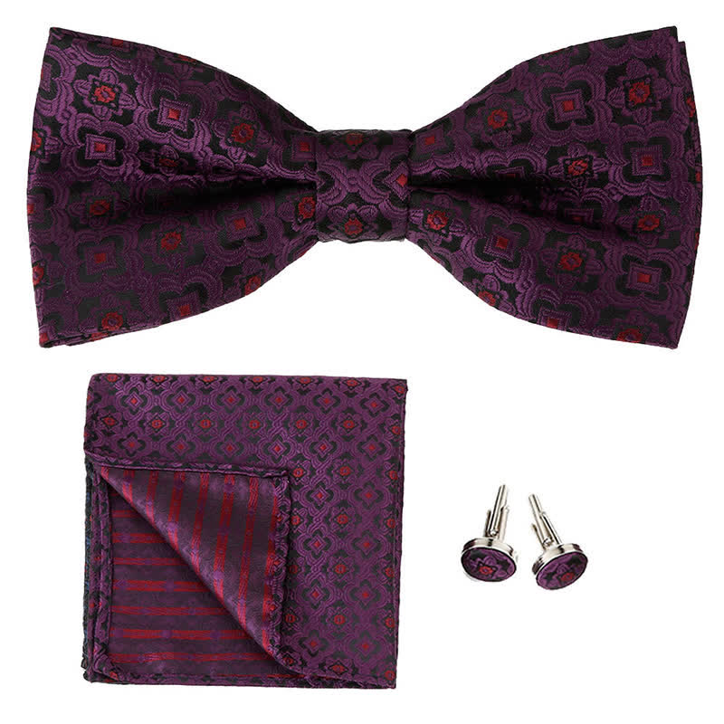 3Pcs Men's Geometrical Figure Pocket Square Bow Tie Set