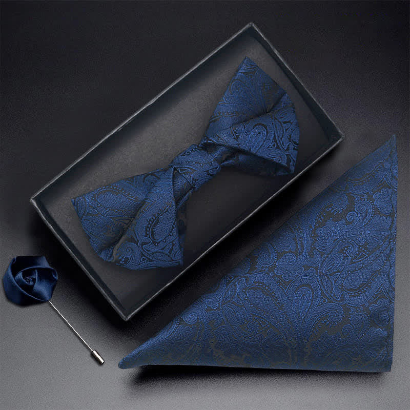 3Pcs Men's Navy Paisley Pocket Corsage Bow Tie Set