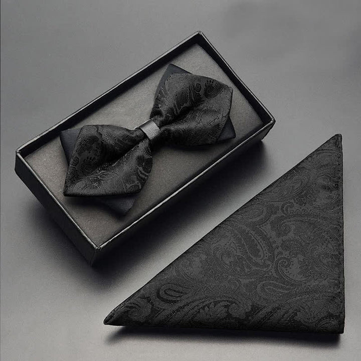 3Pcs Men's Black Paisley Pocket Corsage Bow Tie Set