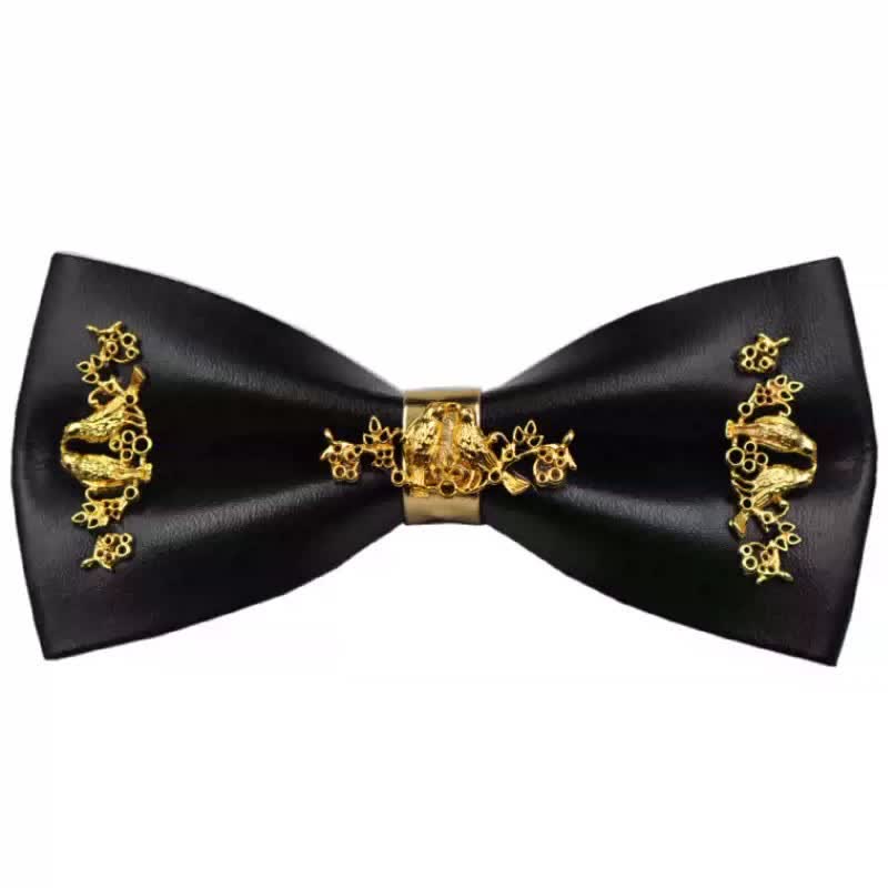 Men's Gold Metal Flower Accent Black PU Leather Bow Tie