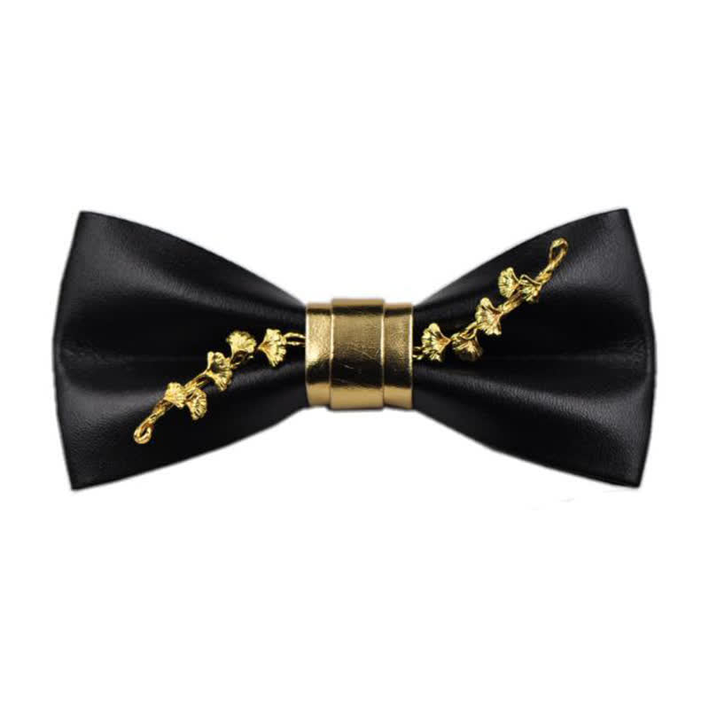 Men's Gold Metal Flower Accent Black PU Leather Bow Tie