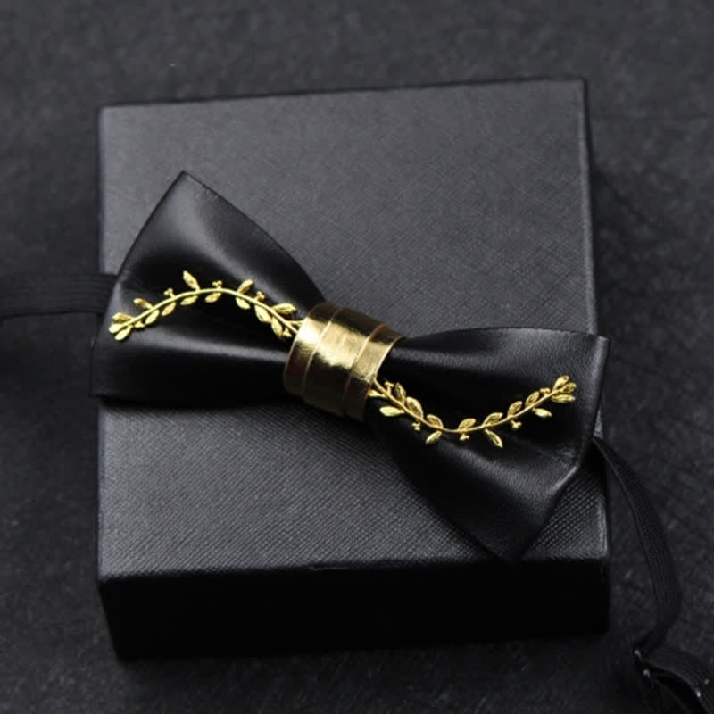 Men's Gold Metal Flower Accent Black PU Leather Bow Tie