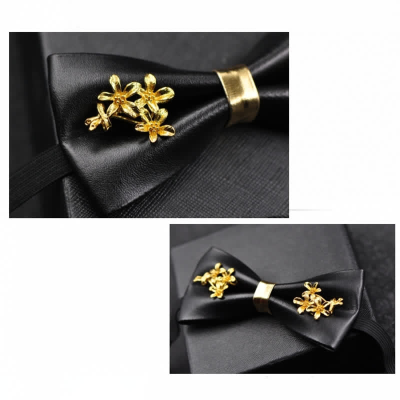 Men's Gold Metal Flower Accent Black PU Leather Bow Tie