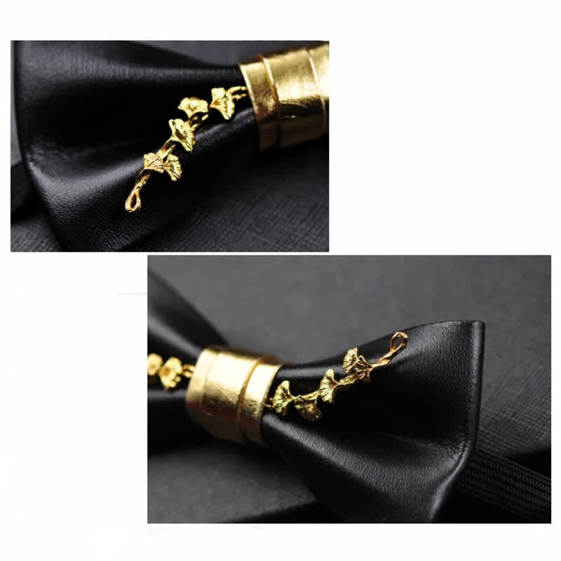 Men's Gold Metal Flower Accent Black PU Leather Bow Tie