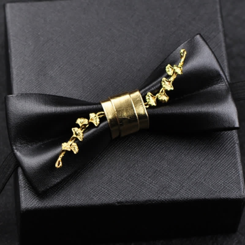 Men's Gold Metal Flower Accent Black PU Leather Bow Tie