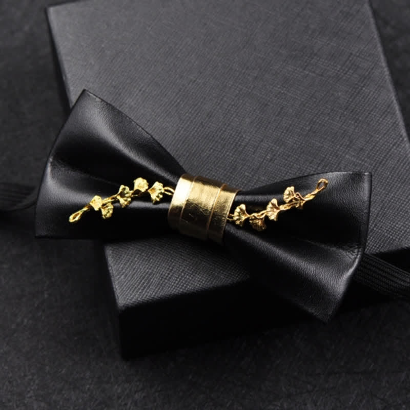 Men's Gold Metal Flower Accent Black PU Leather Bow Tie