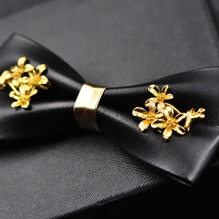 Men's Gold Metal Flower Accent Black PU Leather Bow Tie