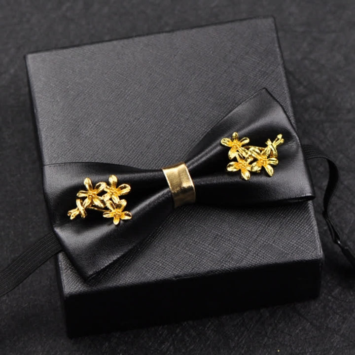 Men's Gold Metal Flower Accent Black PU Leather Bow Tie