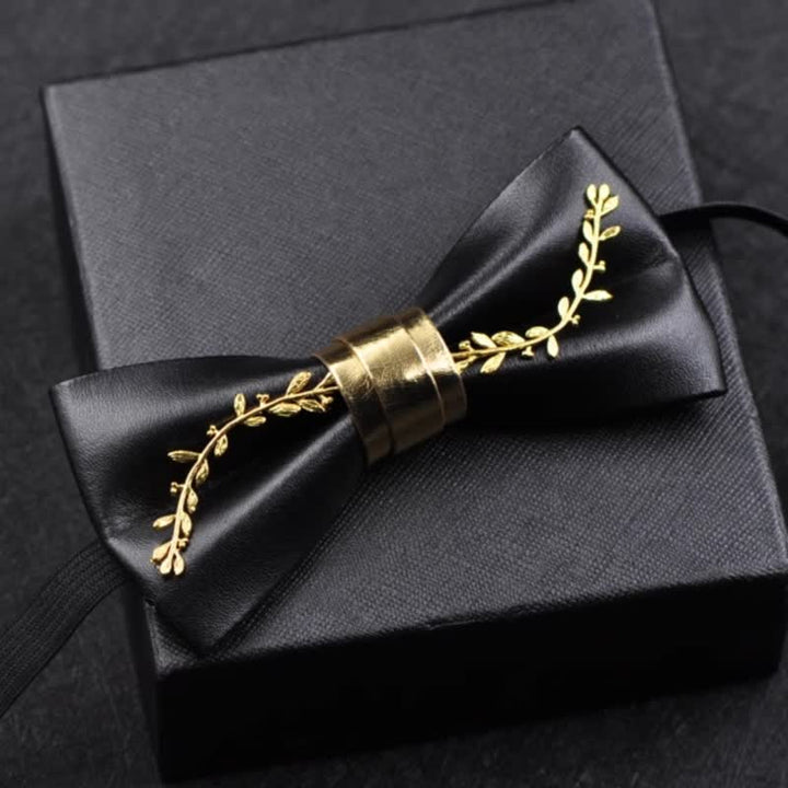 Men's Gold Metal Flower Accent Black PU Leather Bow Tie