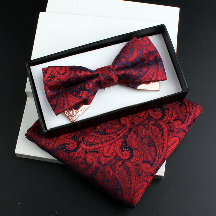 2Pcs Men's Paisley Double Layers Gold Metal Decors Bow Tie Set