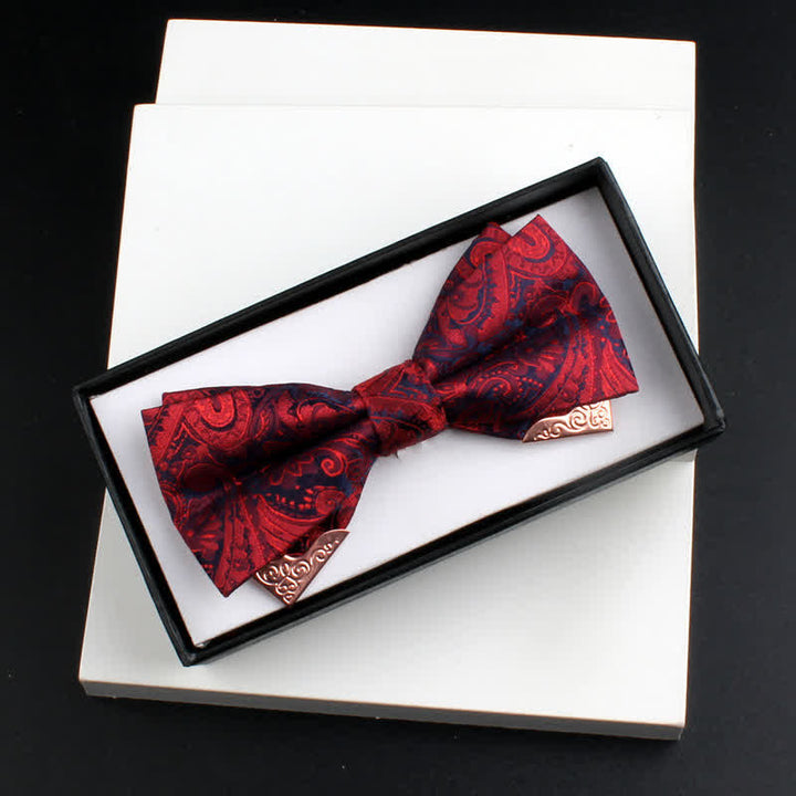 2Pcs Men's Paisley Double Layers Gold Metal Decors Bow Tie Set