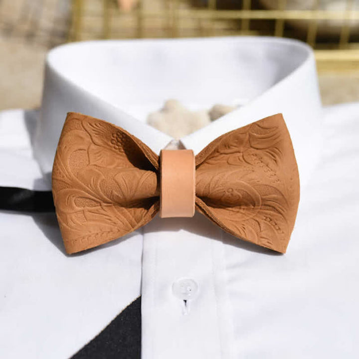 Men's Embossing Flower Plant Tanned Leather Bow Tie