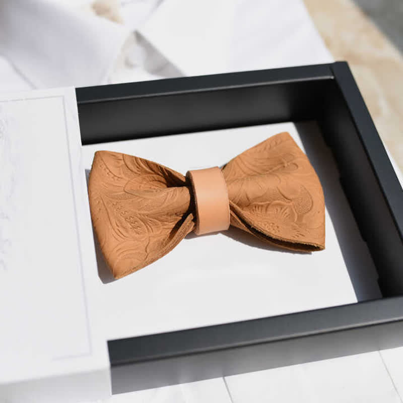 Men's Embossing Flower Plant Tanned Leather Bow Tie