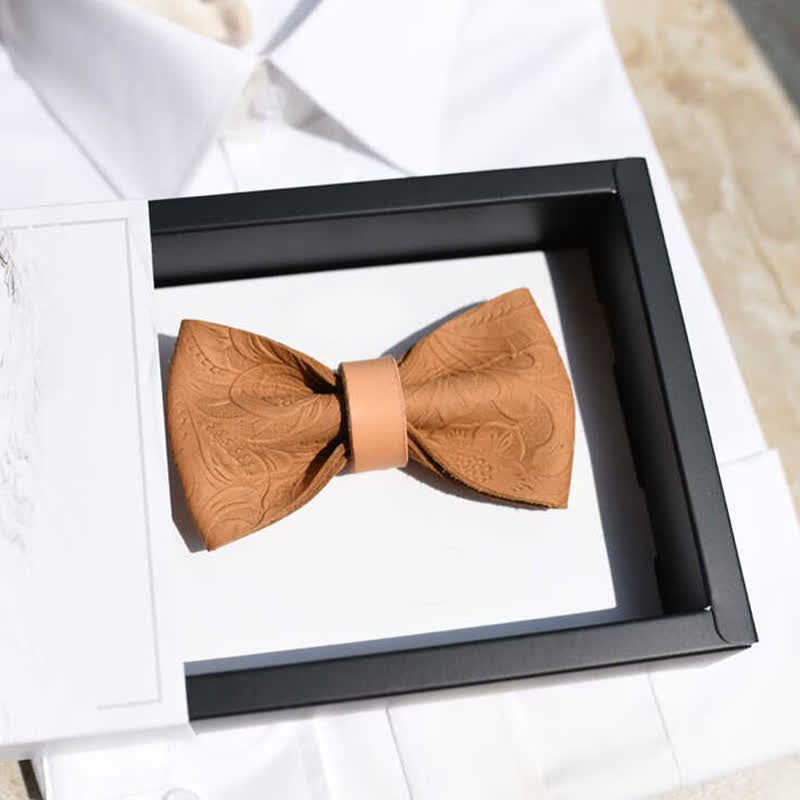 Men's Embossing Flower Plant Tanned Leather Bow Tie