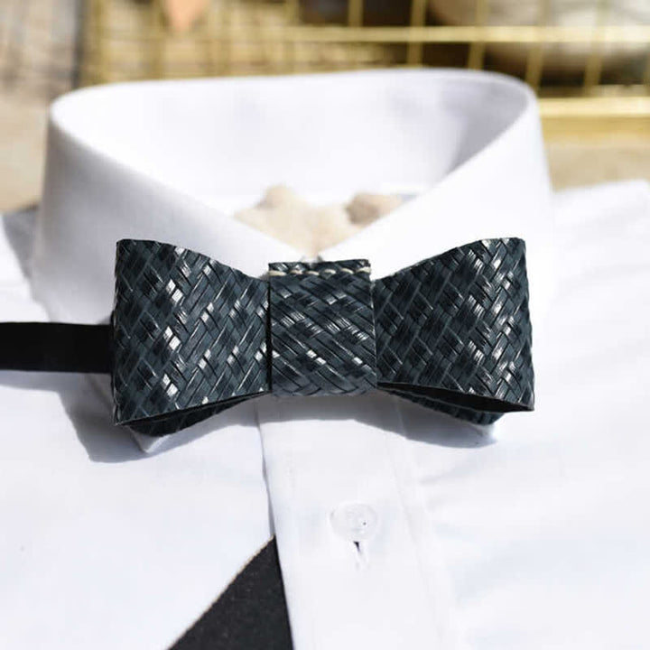 Men's Black Weave Pattern Genuine Leather Bow Tie