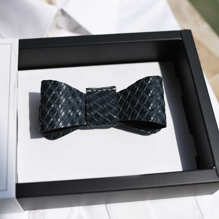 Men's Black Weave Pattern Genuine Leather Bow Tie