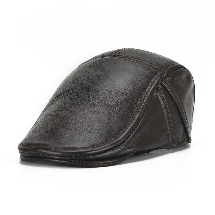 Side Lace-Up Cowhide Leather Beret Hat