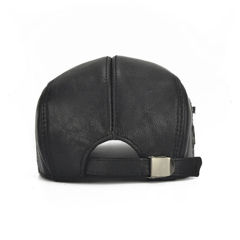 Side Lace-Up Cowhide Leather Beret Hat