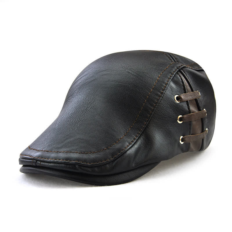 Fashion Side Lace-Up Design Leather Beret Hat