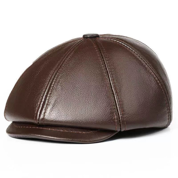 Classic Solid Color Cowhide Leather Beret Hat with Ear Flap