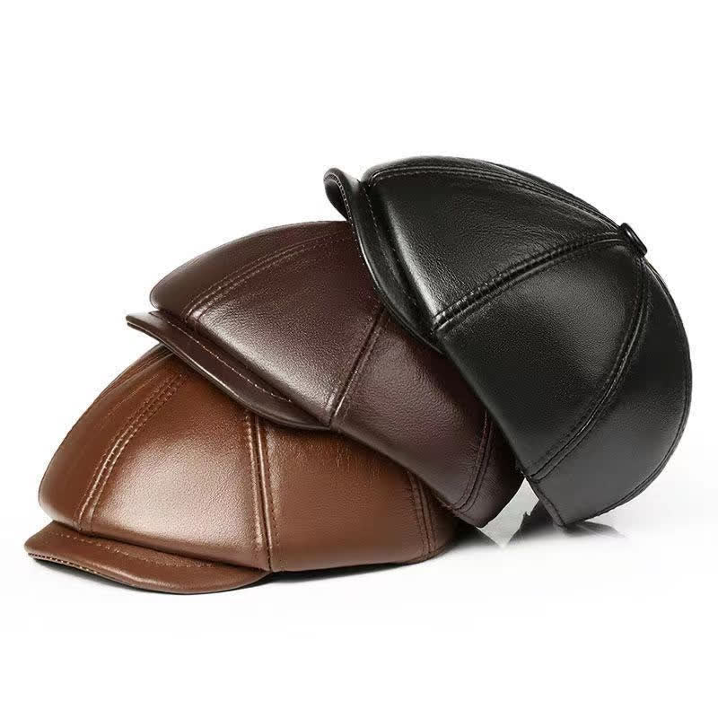 Classic Solid Color Cowhide Leather Beret Hat with Ear Flap