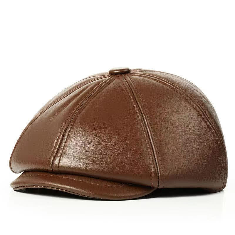 Classic Solid Color Cowhide Leather Beret Hat with Ear Flap