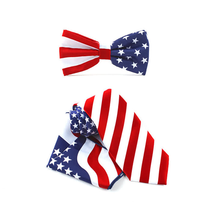 3Pcs Men's American Flag Printed Bow Tie Hankerchief Necktie Set