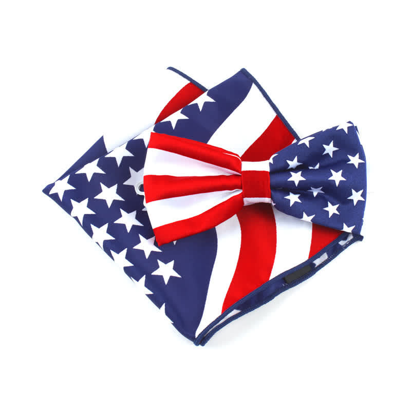 3Pcs Men's American Flag Printed Bow Tie Hankerchief Necktie Set