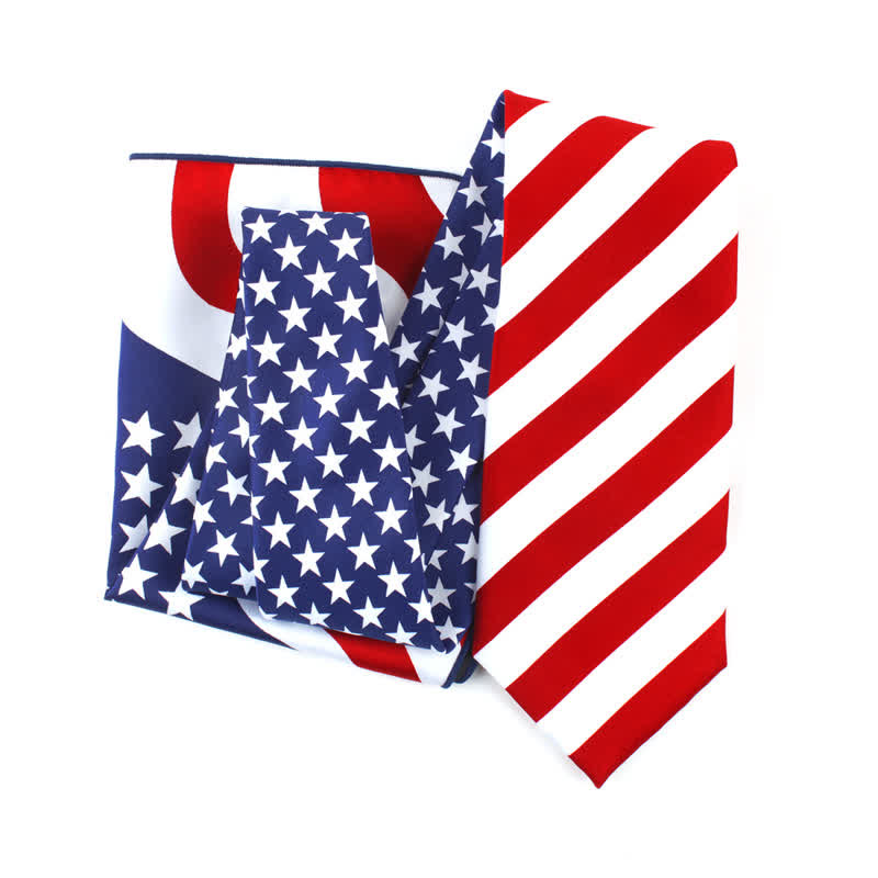 3Pcs Men's American Flag Printed Bow Tie Hankerchief Necktie Set