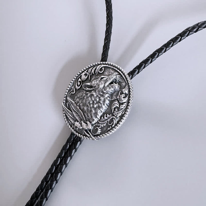 Howling Wolf Head Surrounding Leaves Bolo Tie