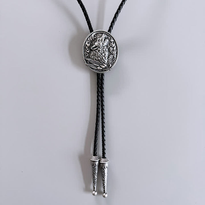 Howling Wolf Head Surrounding Leaves Bolo Tie