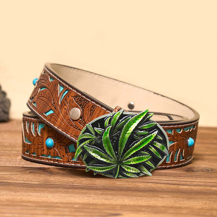 Men's DIY Green Maple Plant Buckle Leather Belt