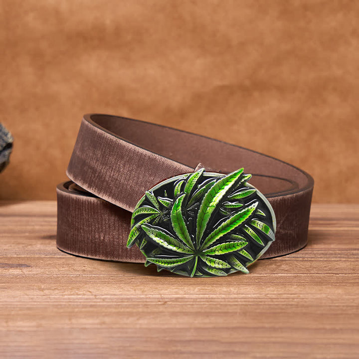 Men's DIY Green Maple Plant Buckle Leather Belt