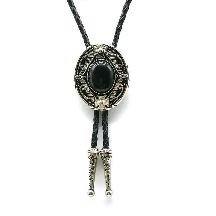 Metal Medallio Natural Stone Inlaid Bolo Tie