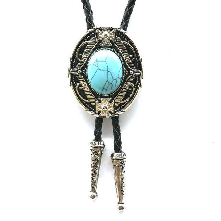 Metal Medallio Natural Stone Inlaid Bolo Tie