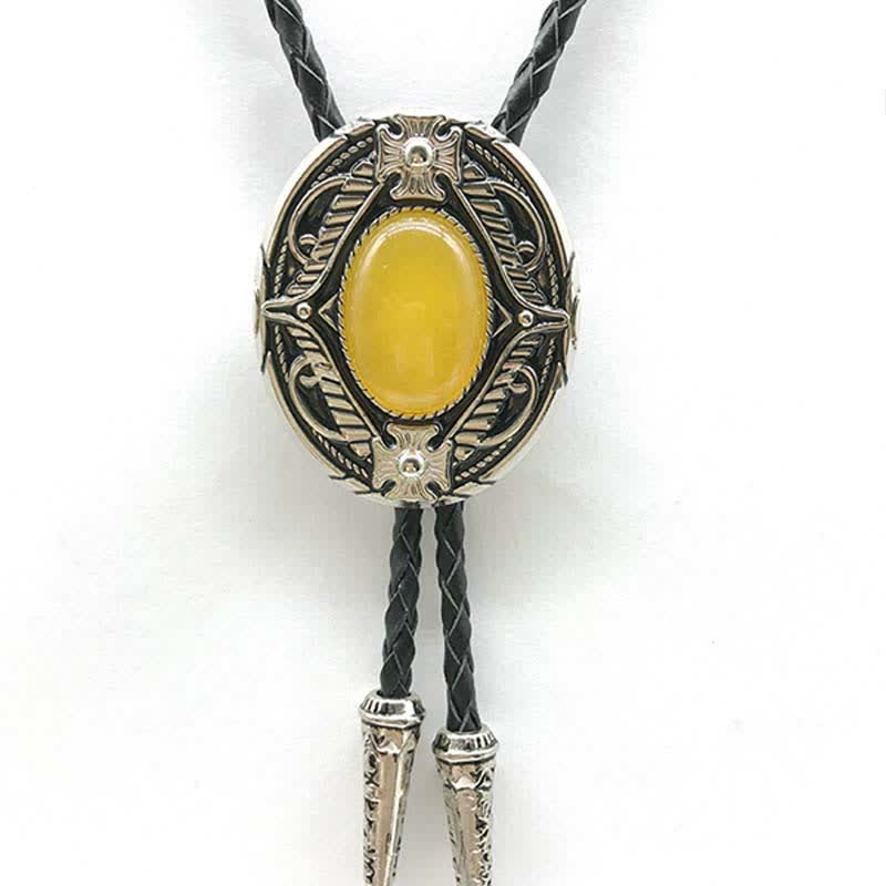 Metal Medallio Natural Stone Inlaid Bolo Tie