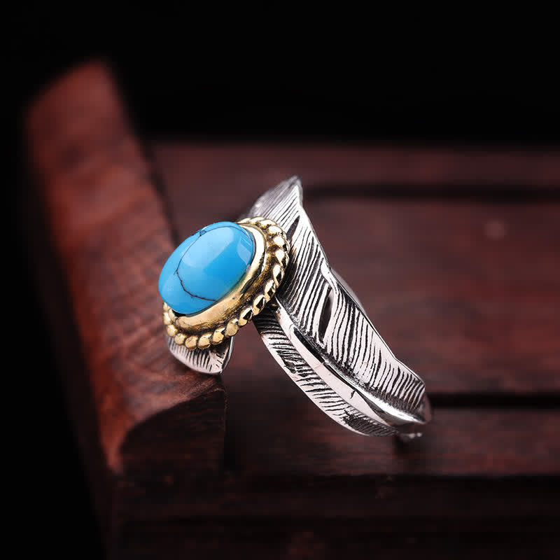 Men's Turquoise Feather Open Size Asjustable Ring