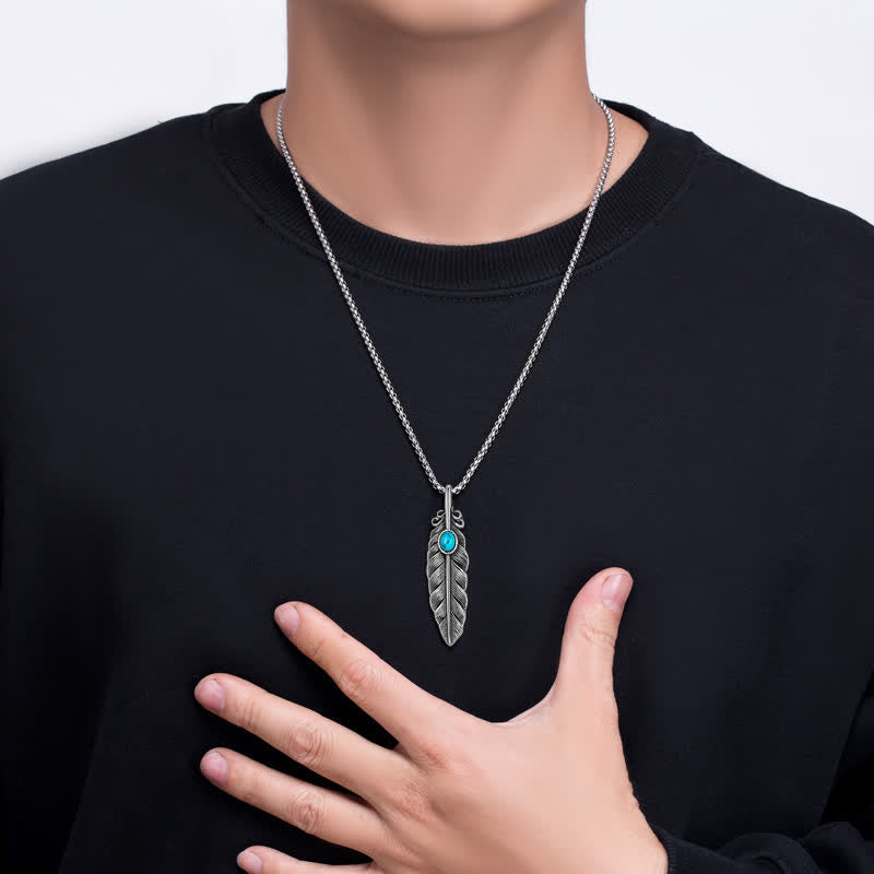 Men's Native Tribal Turquoise Feather Necklace