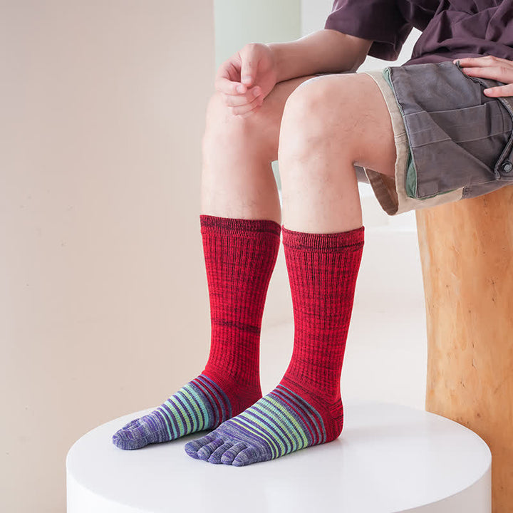 Men's Cozy Mid-Calf Colorful Striped Five Finger Socks