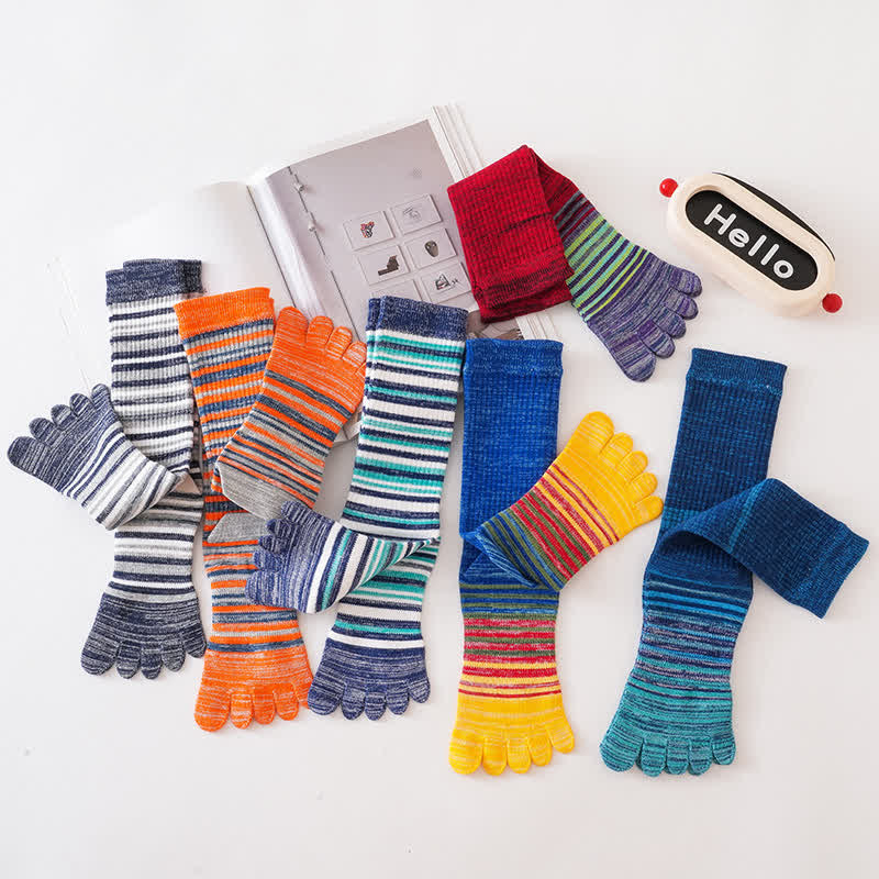 Men's Cozy Mid-Calf Colorful Striped Five Finger Socks