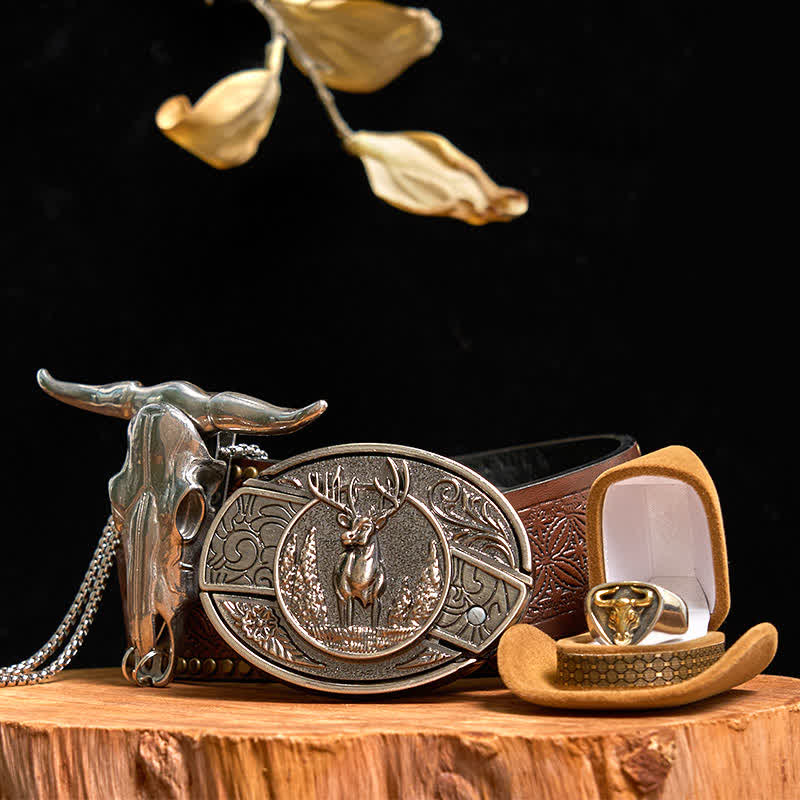 Deer DIY Hidden Knife Belt Buckle Longhorn Bull Pendant Ring Bundle Set - Deer - Brown Rivet Belt - 42 - image 8