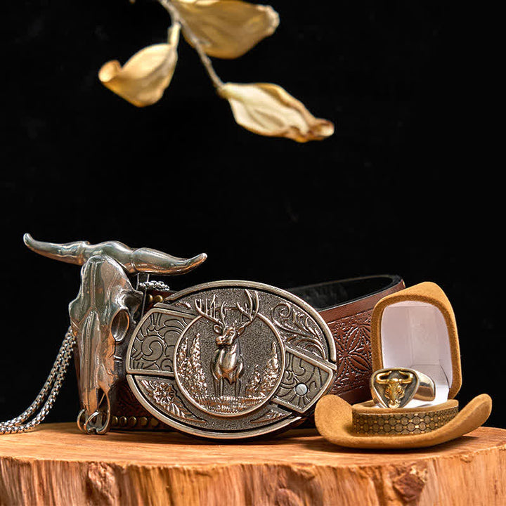 Deer DIY Hidden Knife Belt Buckle Longhorn Bull Pendant Ring Bundle Set - Deer - Brown Rivet Belt - 42 - image 8