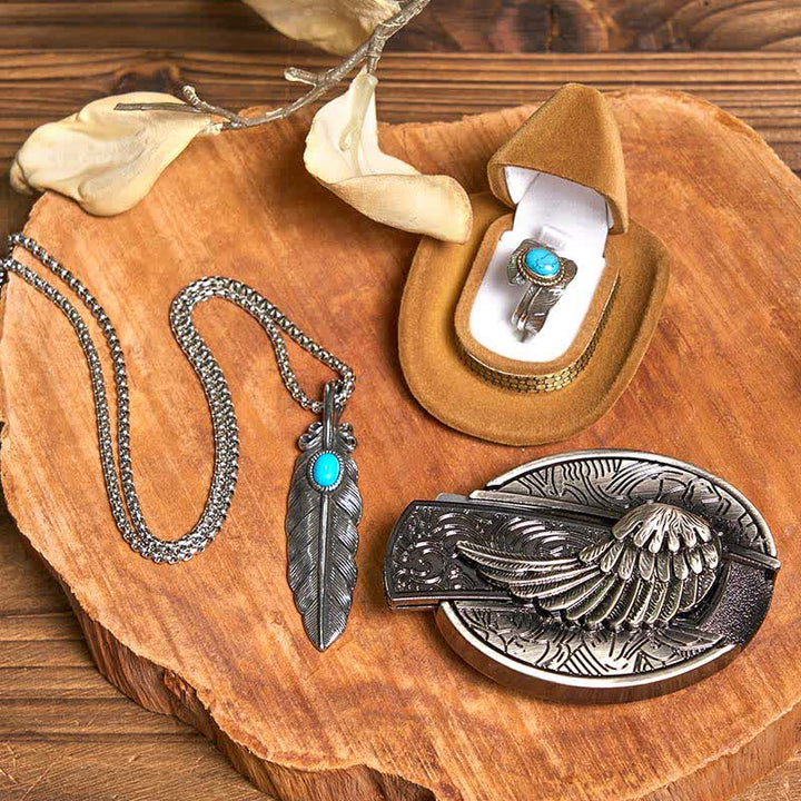 Angle Wing DIY Hidden Knife Belt Buckle Turquoise Feather Necklace Ring Bundle Set (PRE-SALE) - Wings - Without Belt - Not Included Belt - image 1