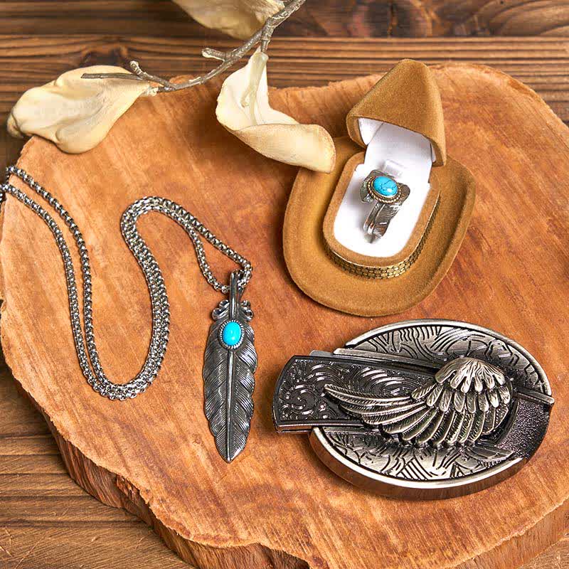 Angle Wing DIY Hidden Knife Belt Buckle Turquoise Feather Necklace Ring Bundle Set - Wings - Without Belt - Not Included Belt - image 1
