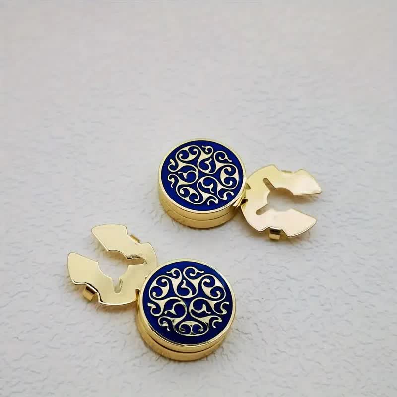 Men's 1 Pair Snap-On Blue Floral Button Covers Set Cufflinks - Gold - image 5