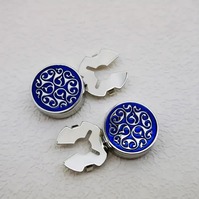 Men's 1 Pair Snap-On Blue Floral Button Covers Set Cufflinks - Silver - image 0