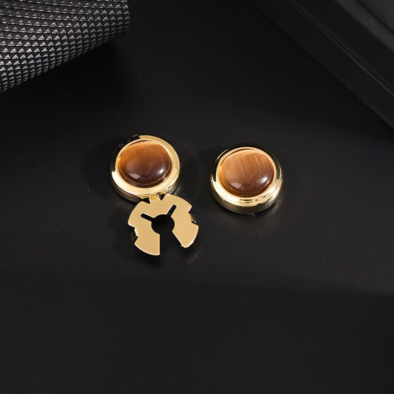 Men's 1 Pair Snap-On Cat's Eye Stone Button Covers Set Cufflinks - Coffee & Gold - image 3