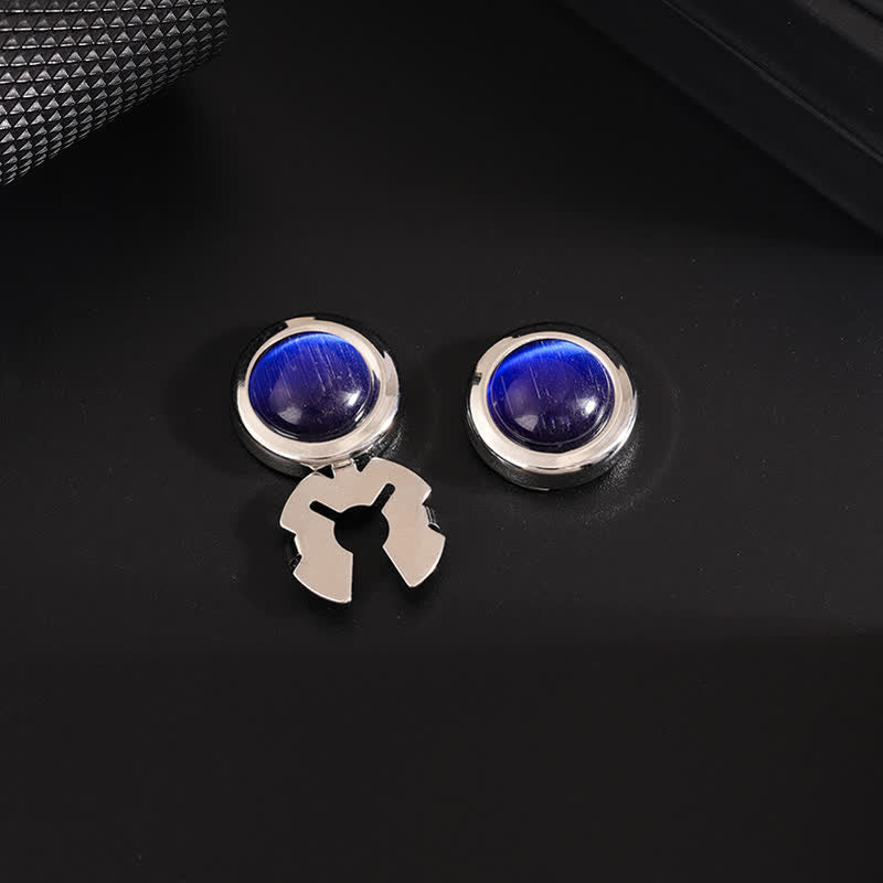 Men's 1 Pair Snap-On Cat's Eye Stone Button Covers Set Cufflinks - Blue & Silver - image 2