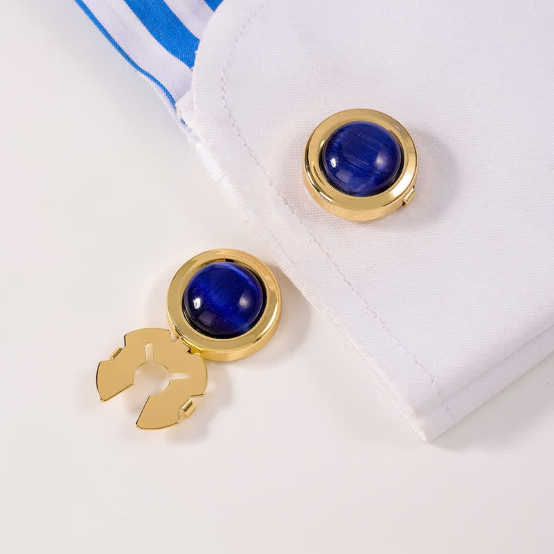 Men's 1 Pair Snap-On Cat's Eye Stone Button Covers Set Cufflinks - Blue & Gold - image 1