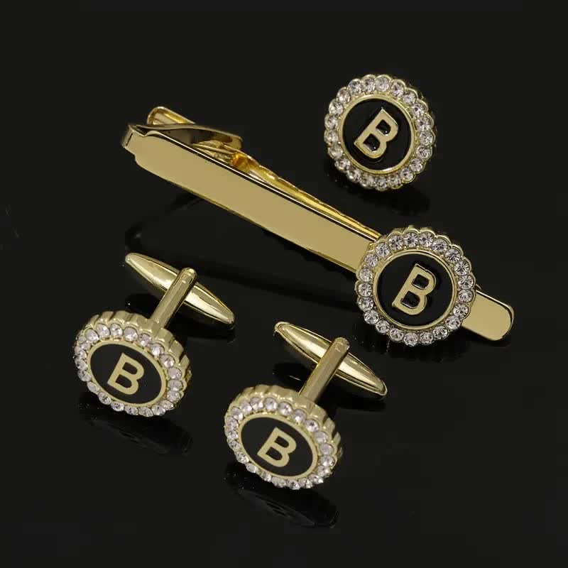 3Pcs Men's Gold 26 Capital Letters Tie Clip Brooch Cufflinks Set